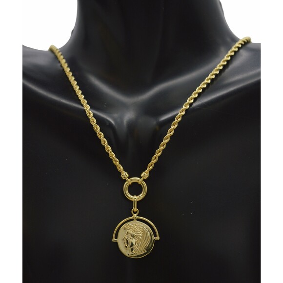 Real 14K Yellow Gold 18"   cleopatra coin Charm Rope Chain Necklace 4.3 gr - Picture 1 of 8